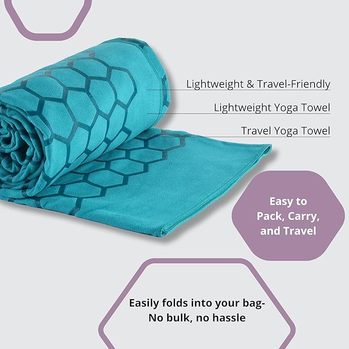 Clever Yoga Hot Yoga Mat Towel – Non-Slip Grip for Hot Yoga, Sweat Absorbent, Honeycomb Silicone Grip, Stays Flat – Ideal for Pilates, Travel, Washable & Lightweight - Turquoise