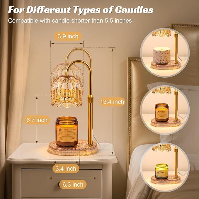 Petal Candle Warmer Lamp with Timer & Dimmable Light Champagne Gold - Adjustable Height Jar Melter on Crystal Glass Base, Home Decor Gift Set (Includes 2 Bulbs) - Bloomnest