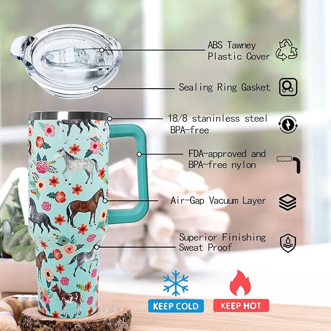 Ceovfoi 40 Oz Horse Tumbler With Handle, Coffee Travel Mug Cup Water Bottle, Horse Decor, Gifts for Women - Bloomnest