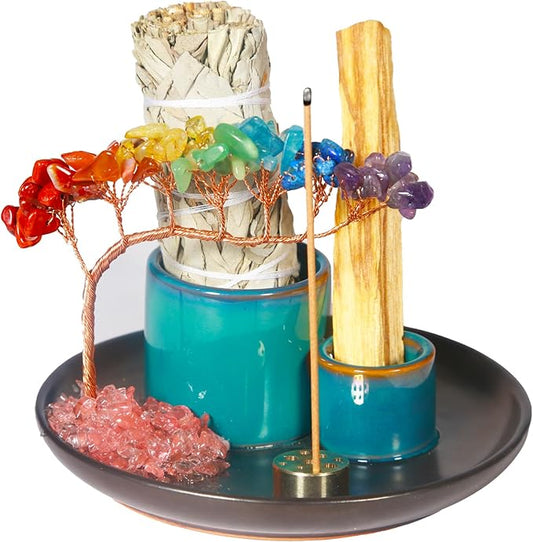 Multifunction Incense and Candle Holde, Crystal Tree Palo Santo Burning Sage Burner, Smudge Bowl Ash Catcher, Coffee Table Centerpiece Decor for Living Room, Women Gifts for Christmas - Bloomnest