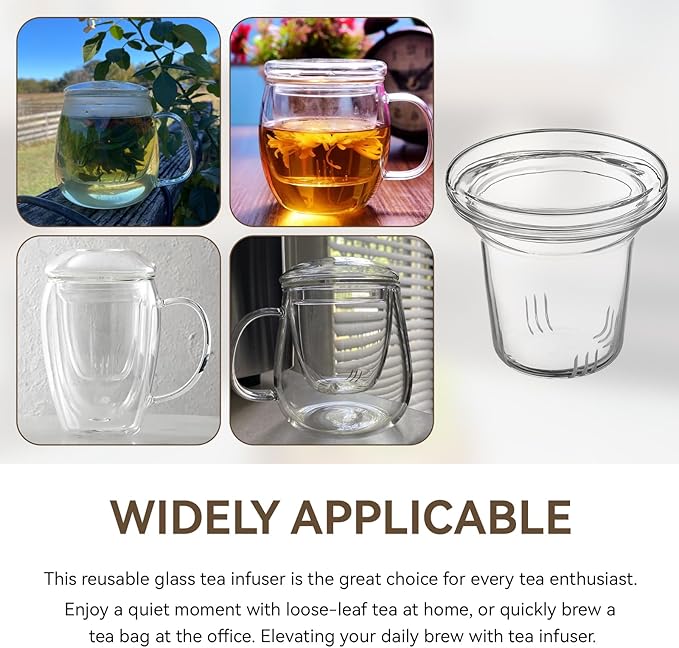 Universal Glass Tea Infuser for Teabloom, Loose Leaf Tea Strainer with Lid/Coaster for Cups, Teapots, Mugs, Travel Tumblers, Tea Steeper Glass for Loose Tea, Filter Diffuser Microwave Stovetop Safe - Bloomnest