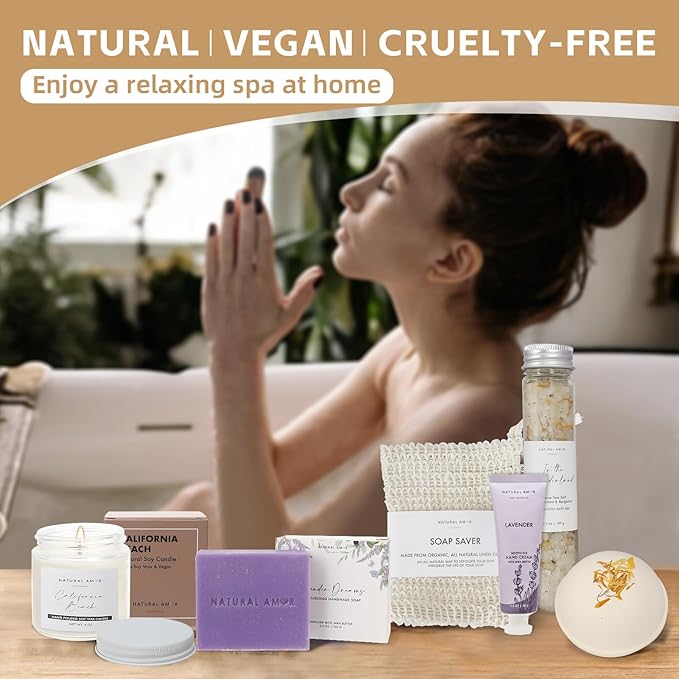 Natural Amor Handmade Spa Gift Set 6 pcs– Includes Citrus Bath Bomb, Lavender Hand Cream, Soap, Bath Salt, Candle – Relaxing Self-Care Kit for Women - Bloomnest