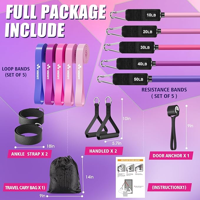 WHATAFIT Resistance Bands, Exercise Bands，Resistance Bands for Working Out, Work Out Bands with Handles for Men and Women Fitness, Strength Training Home Gym Equipment - Bloomnest