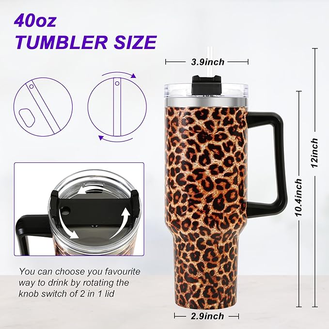 40 oz Tumbler with Handle and Flip Straw Lid, Vacuum Insulated Leak Proof Double Walled Stainless Steel Travel Mug Tumblers, Maintains Cold Ice and Heat for Hours(Leopard Brown Tumbler) - Bloomnest
