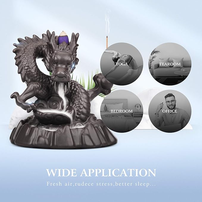 Ceramic Dragon Backflow Incense Holder Waterfall Incense Burner, Smoke Incense Holder, with 70 Backflow Incense Cones + 50 Incense Stick, 1 Mat, 1 Tweezers Home Decor (Brown-Dragon) - Bloomnest