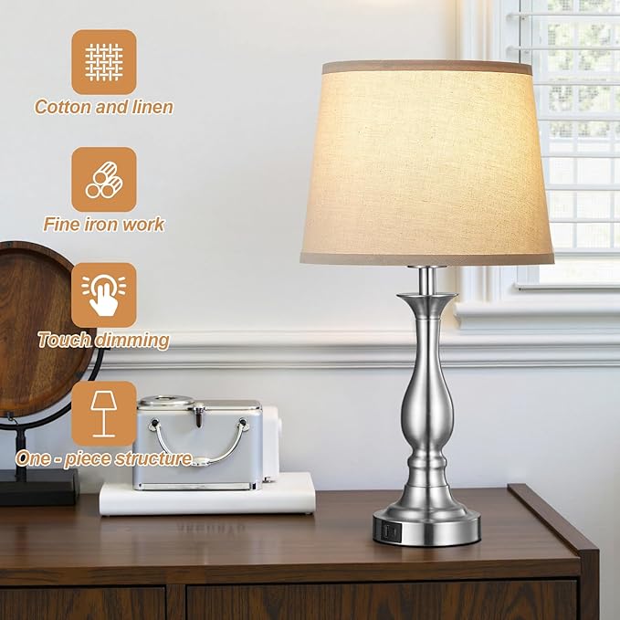 Bedside Table Lamp Touch Control Bedroom Lamps with USB A and C Charging Port 3 Way Dimmable Touch Lamps for Nightstand Living Room Bedroom Dorm Home Office Reading, Set of 2 - Bloomnest