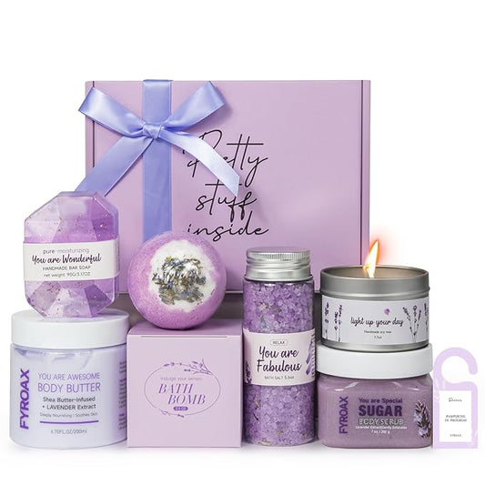 Spa Gifts for Women 7 Pcs Home Spa Kit Lavender Bath Set,Spa Gift Baskets Self Care Gifts Spa Gifts for Women Birthday,Mothers Day Basket Easter Christmas Bath Set