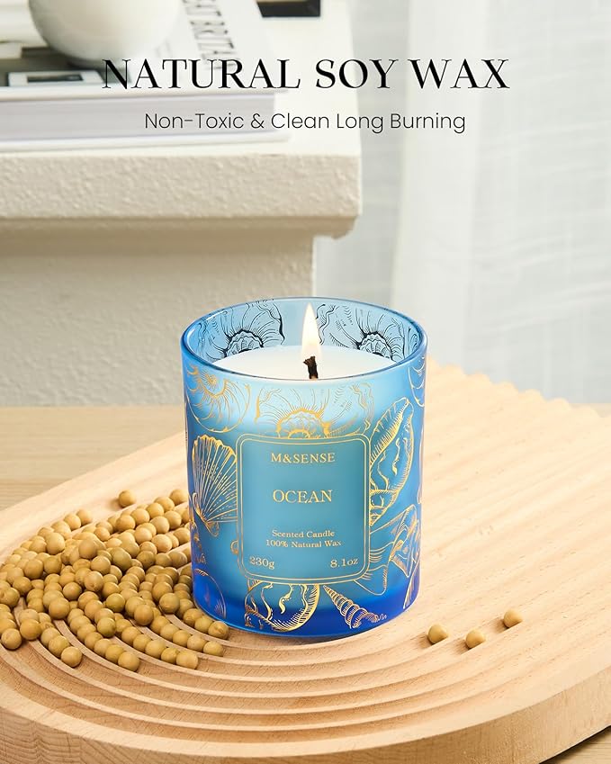 M&SENSE Ocean Scented Candles,Vegan Soy Candles,8.1oz 42-Hour Slow Burning Time,No Toxin Subtle Scented Home Fragrance for Summer Bathtub Aromatherapy Calming,Gifts for Women & Men - Bloomnest