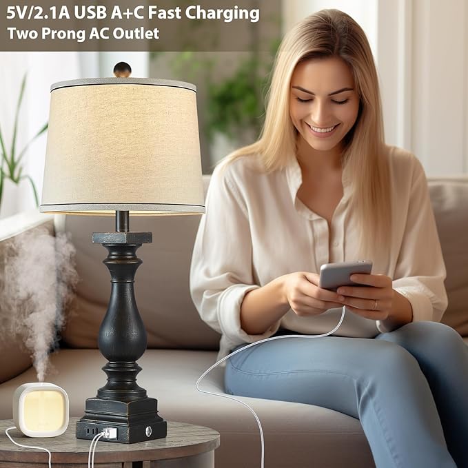 28" Tall Farmhouse Table Lamps Set of 2 with USB C+A Ports and AC Outlet, 3 Way Touch Control Rustic Bedside Lamp for Bedroom, Black Vintage Nightstand Lamp for Living Room Office - Bloomnest