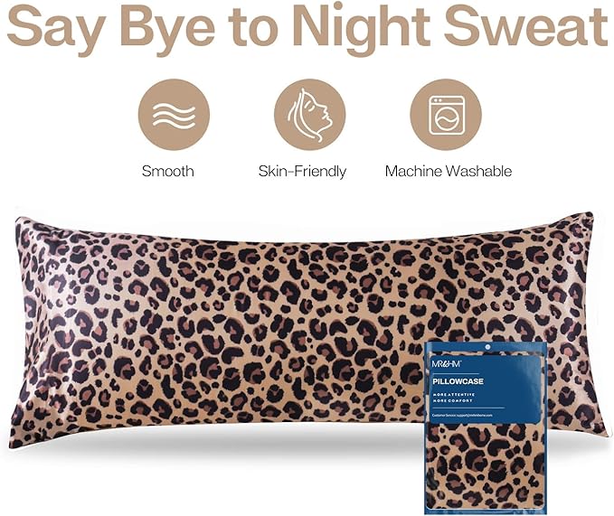 MR&HM Satin Body Pillow Cover, Soft and Breathable Body Pillow Case with Envelope Closure, Cooling and Silky Long Pillowcase for Hair and Skin,Grey (20x54, Brown Leopard) - Bloomnest