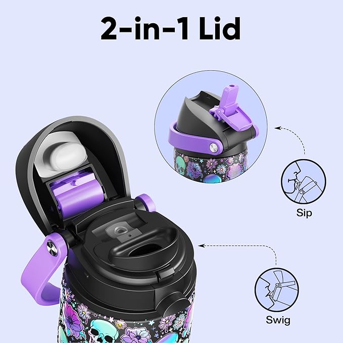Insulated Water Bottle with Straw - Encool Stainless Steel Water Bottle with Push Button Lid, Leak-Proof & BPA-Free, Keeps Cold for 24 Hours for Sports, Travel, Gym (24 oz, Floral Afterlife) ENCOOL