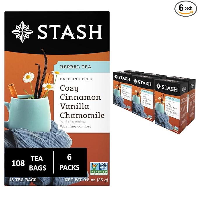 Stash Tea Cozy Cinnamon Vanilla Herbal Tea - Naturally Caffeine Free, Non-GMO Project Verified Premium Tea with No Artificial Ingredients, 18 Count (Pack of 6) - 108 Bags Total - Bloomnest