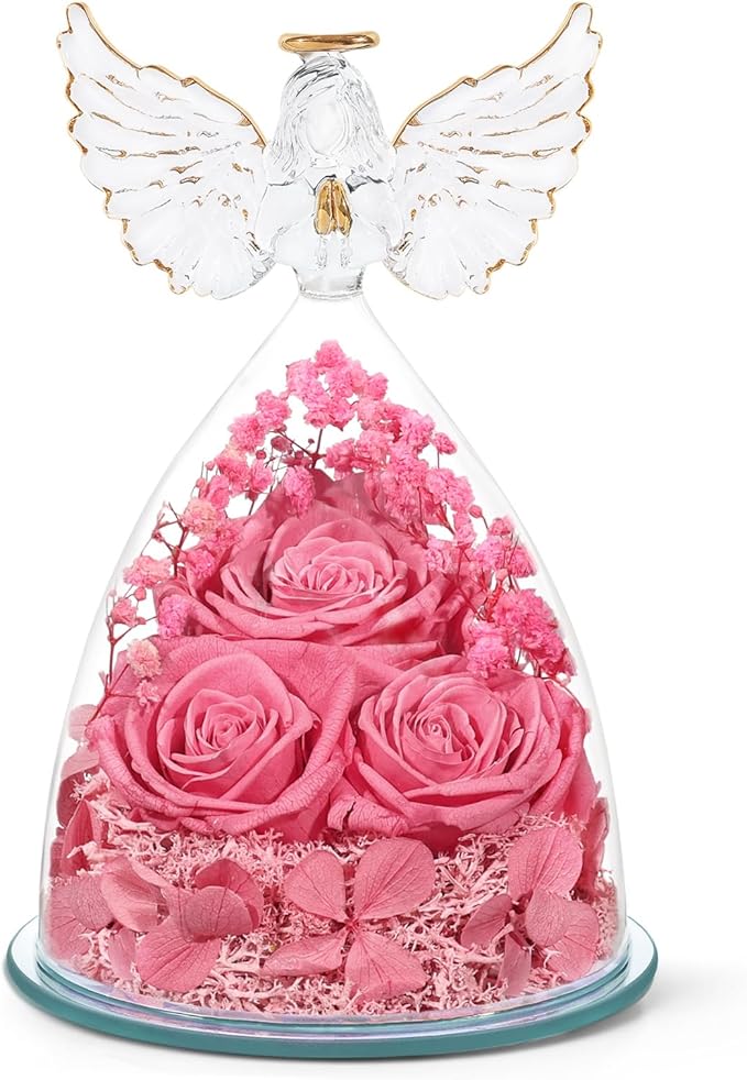 Valentines Day Gifts for Her Preserved Flower Rose Gifts for Women, Forever Eternal Flowers in Glass Angel Figurines Flowers for Delivery Prime Pink Roses for Grandma Mom Sister Wife Birthday Decor - Bloomnest