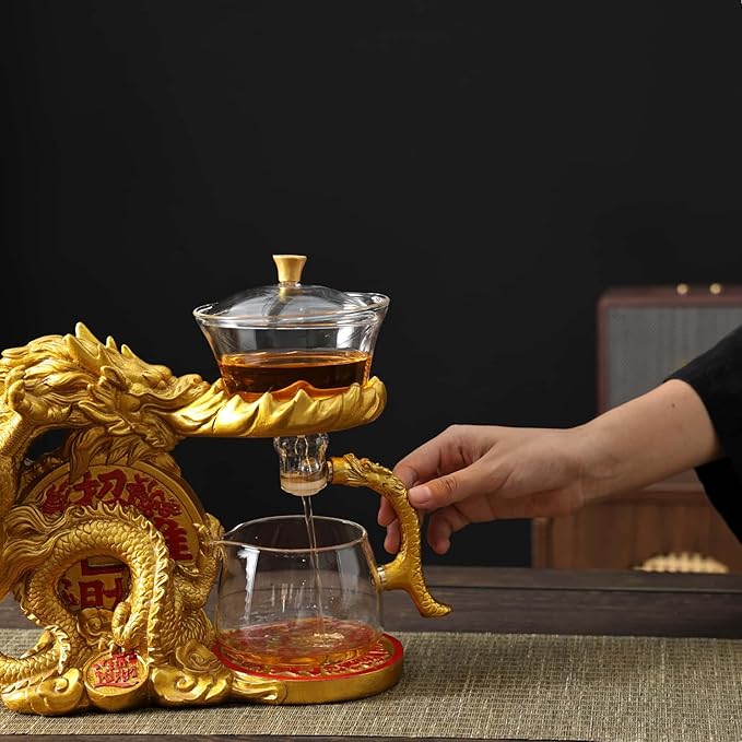 Glass Teapot Set with Infuser Semi Automatic Dragon Tea Set with 6 Small Cups (golden dragon-b) - Bloomnest