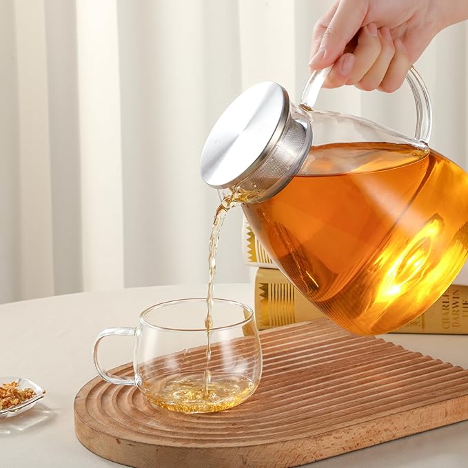 68OZ/2000ML One Touch Glass Teapot with Stainless Steel Filter Lid, Stovetop & Microwave Safe Tea Maker Water Kettle, Strainer & Cover 2 in 1 Loose Leaf Tea Steeper Pot Coffee Carafe - Bloomnest