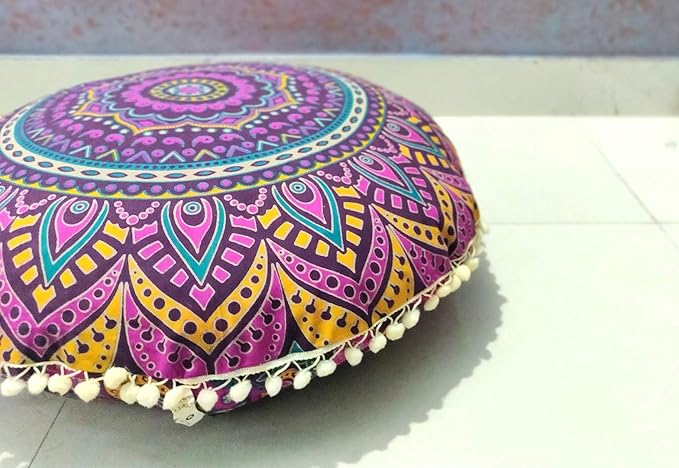 INDIAN CRAFT CASTLE New Pink Ombre 24" Mandala Barmeri Large Floor Pillow Cover Cushion Meditation Seating Ottoman Throw Cover Hippie Decorative Zipped Bohemian Pouf Ottoman Pom Pom Cases 24" Round - Bloomnest
