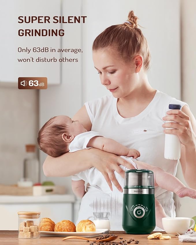 SHARDOR Electric Super Silent Blade Coffee Grinder, Timed Grind Control Rotary Knob, Adjustable Coarse to Fine for Coffee Beans, Spices & Herbs, with 1 Removable Stainless Steel Bowl, Green - Bloomnest