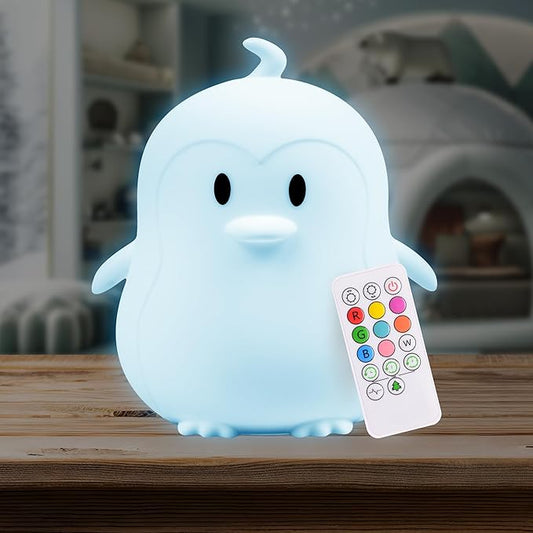 Lumipets Remote Control Silicone Night Light for Kids - Penguin Design with 9 Soft Colors & Sleep Timer - Rechargeable, Battery-Operated Lamp for Bedroom | Baby Nursery, Toddler, Girls, Boys - Bloomnest