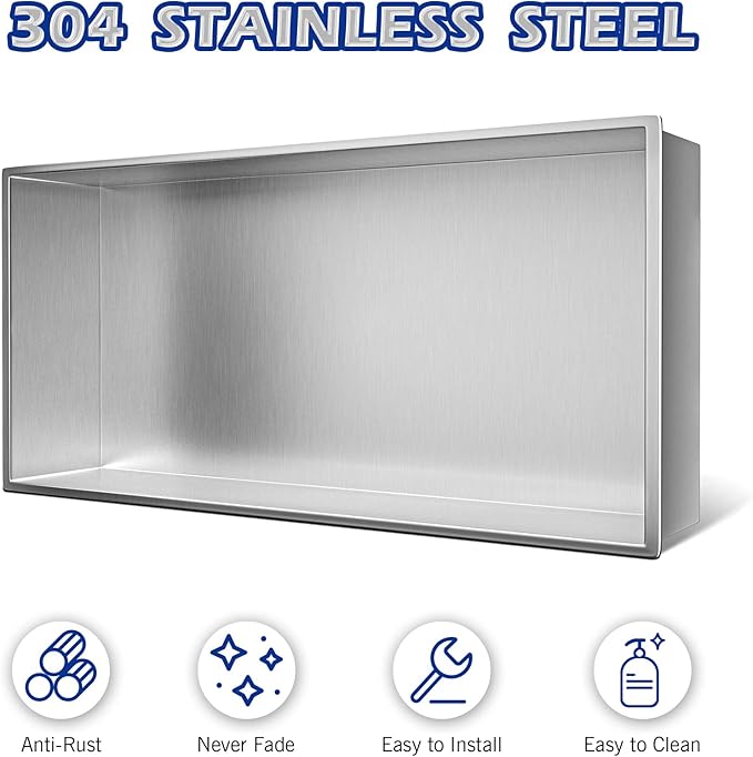 Stainless Steel Shower Niche 24" X 12" Brushed No Tile Needed Niche Shower Recessed Wall Horizontal Niches for Bathroom Storage Over Mount Installation - Bloomnest