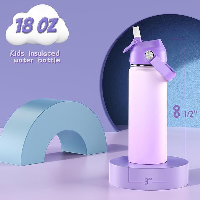 18oz Kids Insulated Water Bottle with Straw Lid - 18/8 Stainless Steel Kid Cup BPA-FREE Travel Tumbler Double Wall Vacuum Leak Proof Portable Toddler Water Bottle (Purple） - Bloomnest