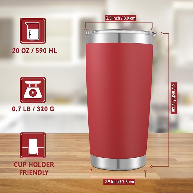 20 oz Tumblers Bulk Stainless Steel Tumbler with Lid Double Wall Vacuum Insulated Coffee Mug 20oz Powder Coated Cup for Hot and Cold Drinks, Red, 6 pack - Bloomnest