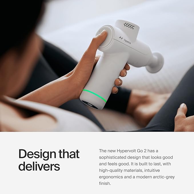 Hyperice Hypervolt Go 2 - Arctic Grey - Featuring Quiet Glide Technology - Handheld Percussion Massage Gun - 3 Speeds, 2 Interchangeable Heads - Helps Relieve Sore Muscles and Stiffness - FSA and HSA - Bloomnest