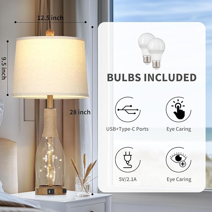 28" Boho Glass Table Lamps Set of 2, Touch Control Bedside Lamps with 2 USB Ports and Outlet, Rattan Lamp with Night Light for Nightstand Living Room Bedroom, 2 LED Bulbs Included, Wood - Bloomnest