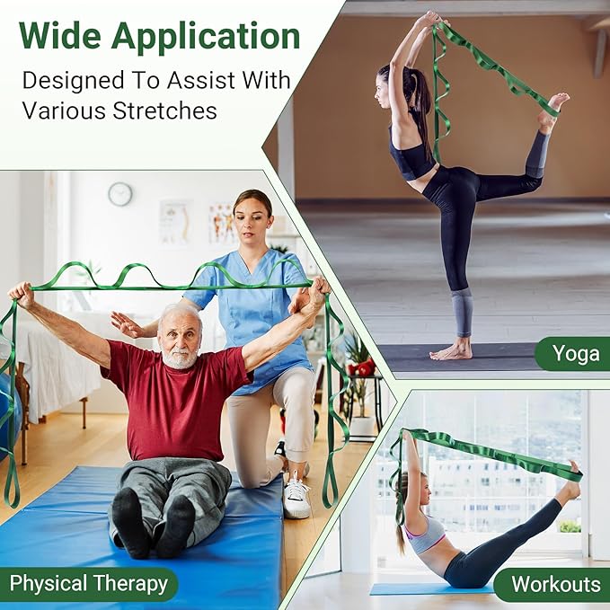 Stretch Strap With Loops For Physical Therapy, Yoga Straps For Stretching With Loops, Non-elastic Leg Straps For Knee Rehab, 8 ft Long x 1.2 inch Wide - Bloomnest