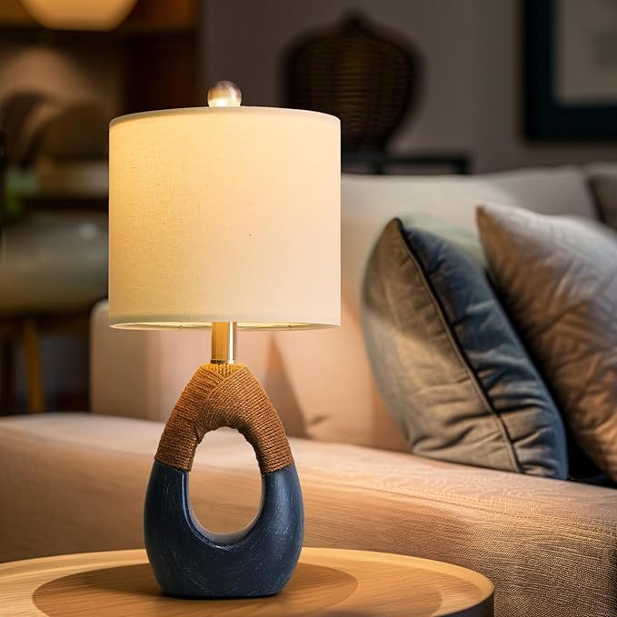 OYEARS 19" Boho Lamp for Bedroom, Bedside for Nightstands, Table Lamp for Living Room,Suitable for Small Space,Coastal Farmhouse, End Table, Rattan Nautical Beach Style, Blue,1 Pack - Bloomnest