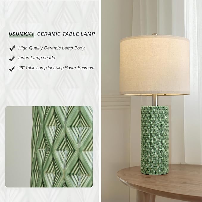 26" Tall Table Lamp for Living Room -Green Lamps Set of 2 Modern Ceramic Lamps for Night Stands, Bedside Lamp for End Tables, Nightstand Lamps for Bedroom - Bloomnest