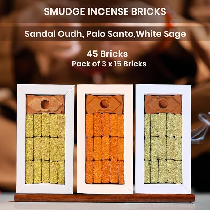 Smudge Incense Bricks 45 Pack Combo - Palo Santo, White Sage, Sandal Oudh for Cleansing Negative Energy & Protection - Yoga Meditation Aromatherapy - Perfect Sage Sticks Alternative AROVATIKA