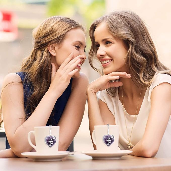 Tea Infuser Tea Strainers for Loose Tea Amethyst Crystal Heart Pendant Tea Filter Infinity Love Heart Handmade Gemstone Tea Ball with Extended Chain Hook for Brew Fine Loose Tea Gift