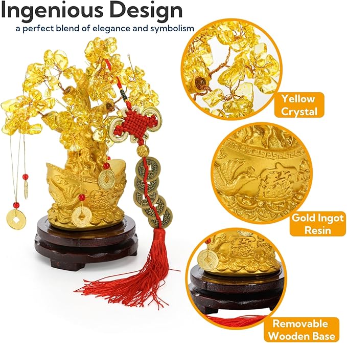 9 Piece Citrine Money Tree, 7" Small Yellow Crystal Bonsai with Yuanbao Pot & Coins, Chinese Style Lucky Money Plant Decor with Red Tassels & Wood Base for Wealth, Prosperity, Home Office Desk - Bloomnest