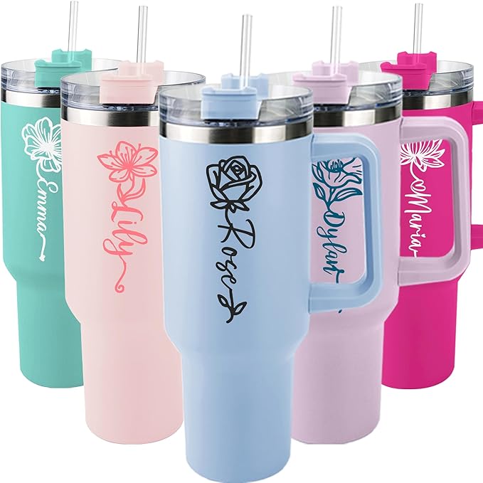 ThermoThrill Ships Next Day, Personalized 40 Oz Tumbler with Handle and Straw Custom Tumbler with Text Stainless Steel Mug Birthday Gifts for Women (3.Personalized with Birth Flower, 40OZ) - Bloomnest