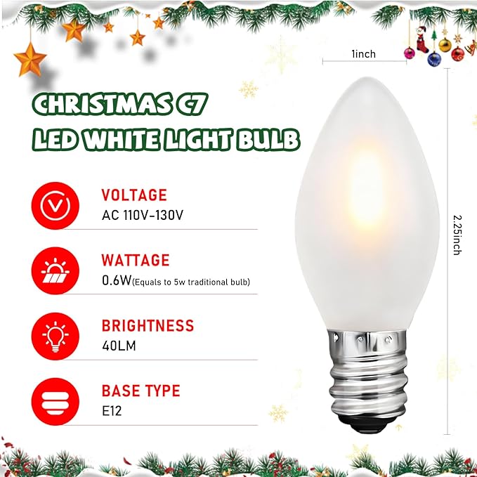 C7 LED Frosted Christmas Light Bulb,25 Pack 0.6W C7 LED Replacement Lights Bulbs with E12 Base,Frosted White 2700K Shatterproof Vintage Bulbs for Chandeliers Candle Christmas String Lights - Bloomnest