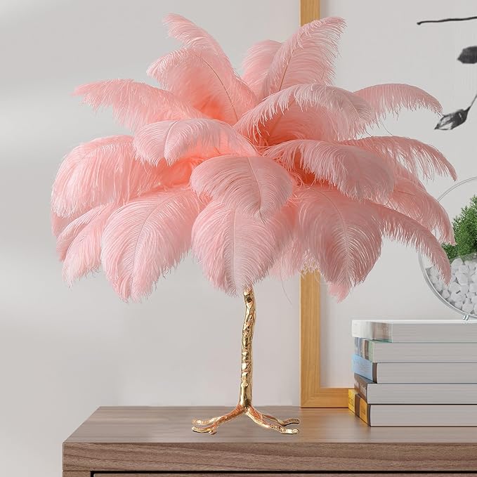 MAYOLA Modern Ostrich Feather Table Lamp with Plug in Wire,3-Light Bedside Floor Lamp for Living Room, Bedroom and Office 24” Tall Feather Desk Lamp (Pink, Table Lamp-Resin) - Bloomnest