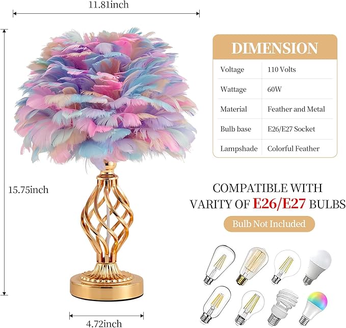 Colorful Feather Lamp Romantic Fluffy Bedside Lamp Creative Table Lamp Cute Goose Feather Nightstand Light for Girl Bedroom Living Room Hotel Office Entry Wedding - Bloomnest