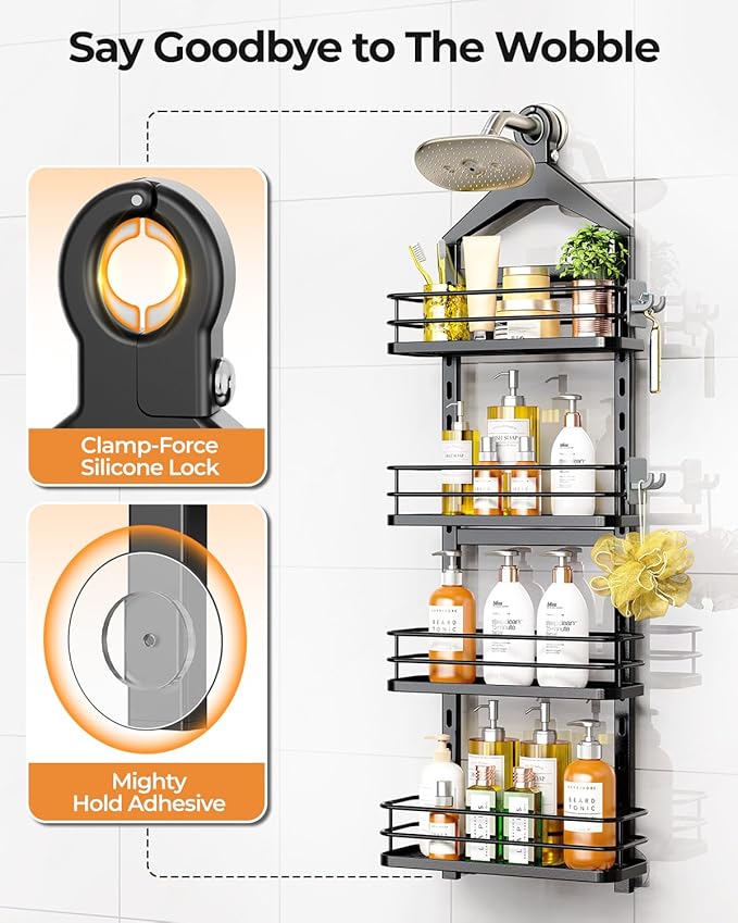 ODesign 4 Tier Height-Adjustable Shower Caddy Hanging Anti-Swing-Over The Shower Head Caddy-Sho wer Storage Organizer Bathroom Shelves Basket Caddies-Black - Bloomnest
