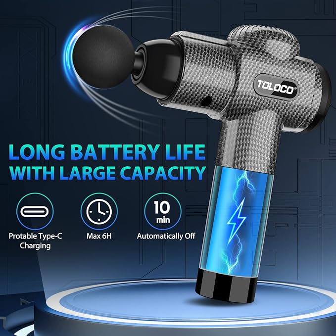 TOLOCO Massage Gun, Deep Tissue Back Massage for Athletes for Pain Relief, Percussion Massager with 10 Massages Heads & Silent Brushless Motor, Carbon - Bloomnest