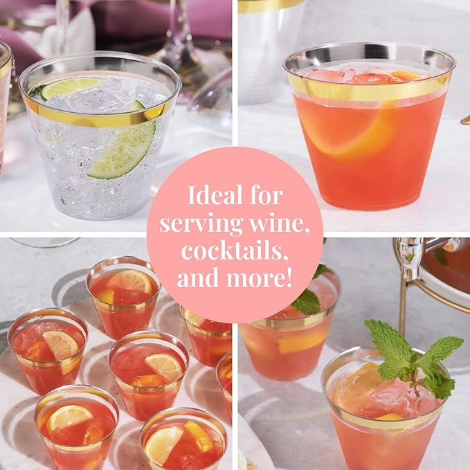 Prestee 100-Pack 9oz Gold Rimmed Plastic Cups Disposable Wine Glasses for Charcuterie, Weddings, Parties, and Events - Elegant Cocktail and Drinking Cups for Champagne, Martini, and Mocktails - Bloomnest