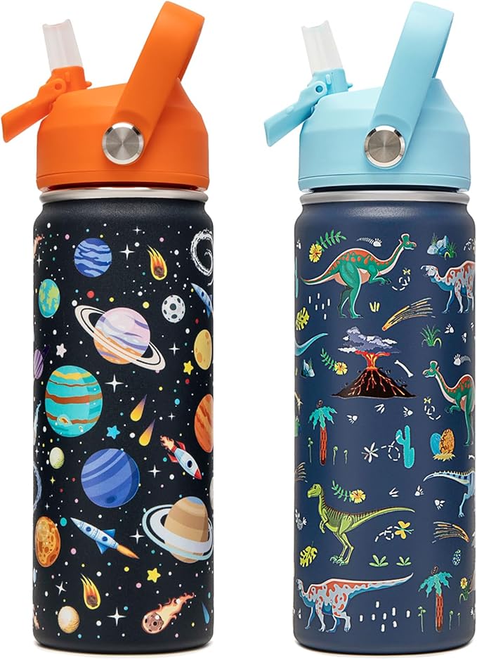 18oz Kids Insulated Water Bottle with Straw Lid - 18/8 Stainless Steel Kid Cup Travel Tumbler Double Wall Vacuum Leak Proof Portable Toddler Water Bottle (Space + Dinosaur) - Bloomnest