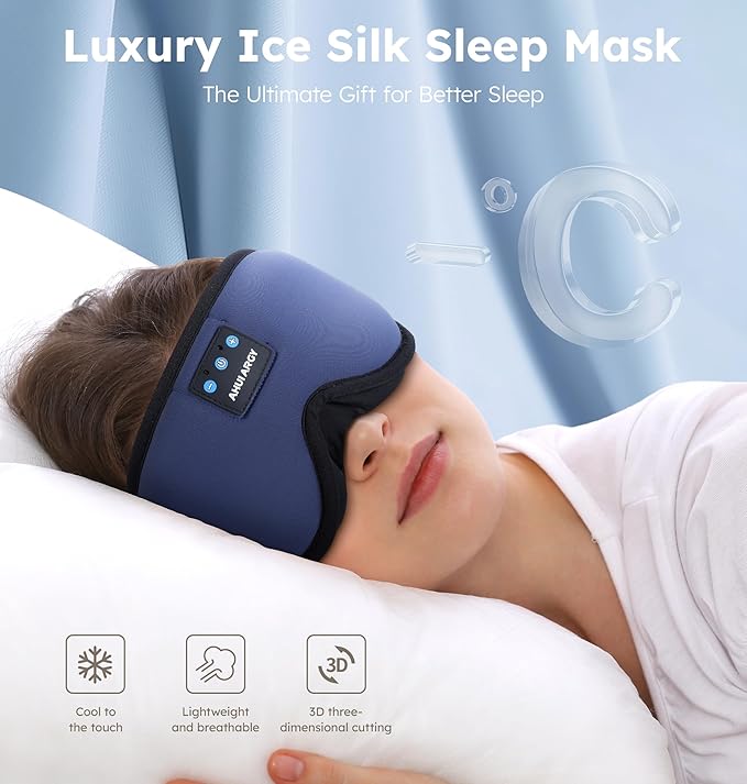 Ice Silk Sleep Mask with Headphones, Sleep Headphones for Side Sleeper with 3D Cups, Bluetooth 5.4 Sleeping Eye Mask, Total Blackout Sleeping Headphones for Women Men(Navy) - Bloomnest