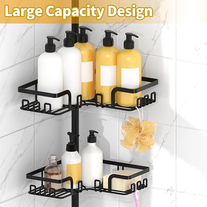 KEGII Adjustable Shower Caddy Corner Tension Pole, Rustproof Shower Rod Organizer with Hooks, Floor to Ceiling Tension Rod 25-114.2 Inch, Bathtub Storage Organizer for Shampoo, 4-Tier Black - Bloomnest