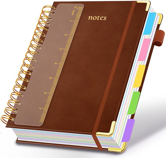 Hardcover Spiral Notebook 6.2"x 8.2" Journal Notebook with Tabs and Removable Dividers 300 Pages 5 Subject Notebook College Ruled, Faux Leather Spiral Bound Notebook for Women School Work (Brown) - Bloomnest
