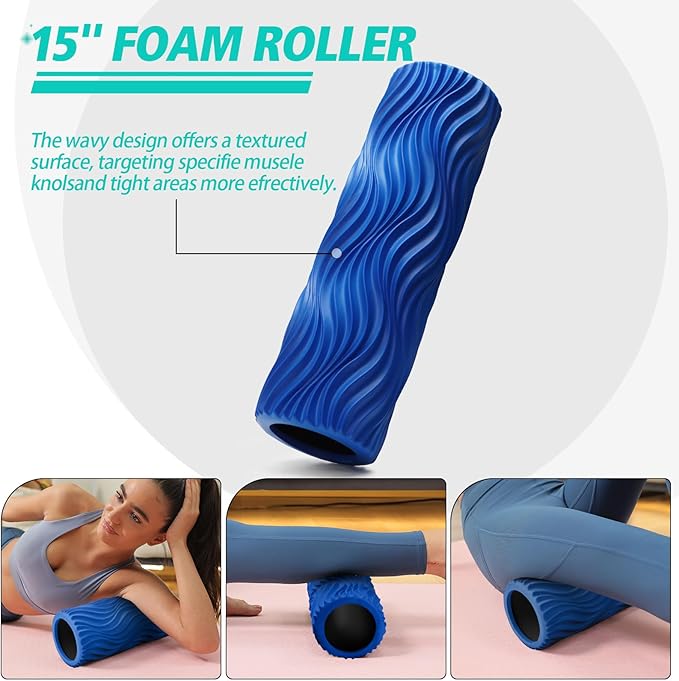 5-in-1 Foam Roller Set, Massage Roller Stick, Massage Ball, Resistance Band for Deep Muscle Massage, Trigger Point Release, Pilates, Yoga (Blue-Wave) - Bloomnest