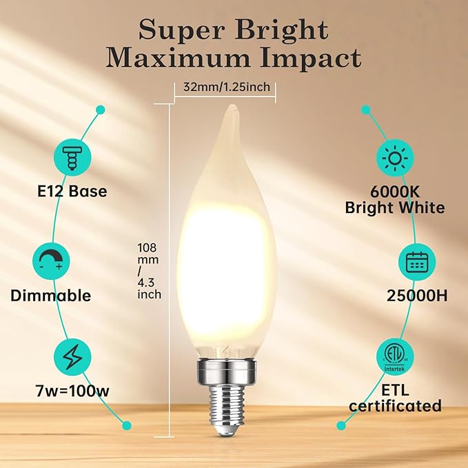 E12 100W Equivalent LED Candelabra Bulb, Cool White 6000K, Dimmable Frosted CA10 Candle, Small Base, Ideal for Living Rooms, Dining Rooms, and Hallways, Energy-Efficient Indoor Lighting - Bloomnest