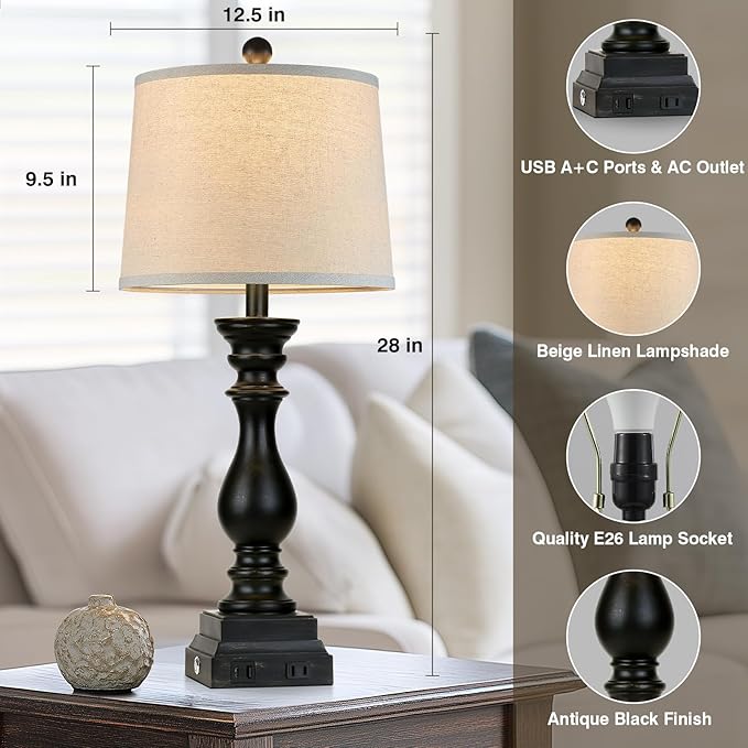 28" Farmhouse Table Lamps Set of 2 with USB C+A Ports and AC Outlet, 3 Way Touch Tall Vintage Bedside Lamp for Living Room, Black Rustic Nightstand Lamp for Bedroom Office - Bloomnest