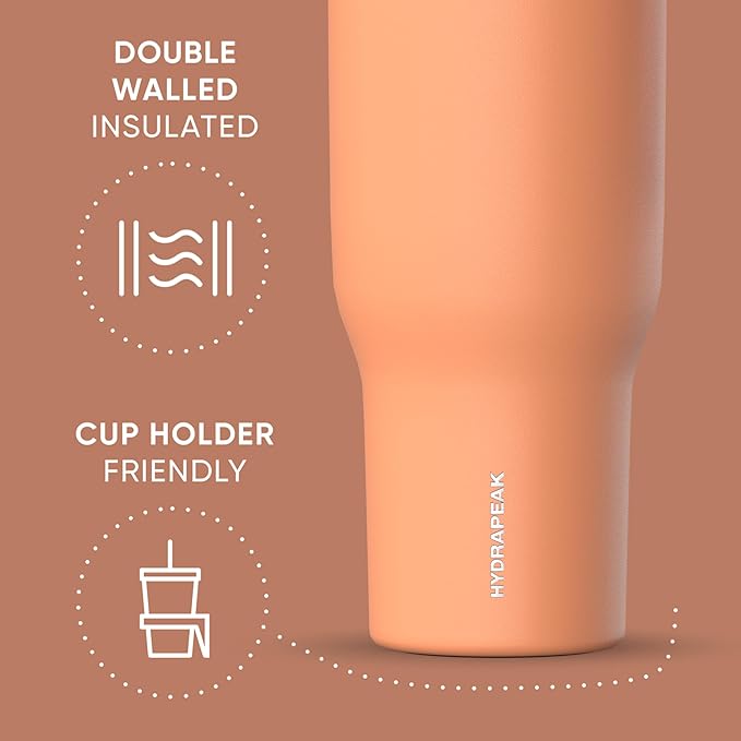 Hydrapeak Voyager 40 Oz Stainless Steel Tumbler with Handle, Insulated Water Bottle With Straw & Lid, Cupholder Friendly Reusable Travel Mug (Apricot Crush) - Bloomnest