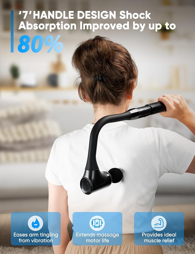 Massage Gun Deep Tissue - Back Massager for Pain Relief Deep Tissue with Extended Handle, 12MM Percussion Less-Shock Neck/Foot/Leg/Shoulder Massager, Infinitely Adjustable Speed & 4 Replaceable Heads - Bloomnest