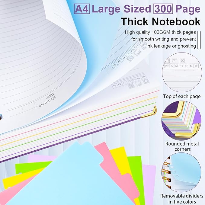 Hardcover Spiral Notebook 8.5"x11" Journal Notebook with Tabs and Removable Dividers 300 Pages 5 Subject Notebook College Ruled, Faux Leather Spiral Bound Notebook for Women School Work (Purple) - Bloomnest